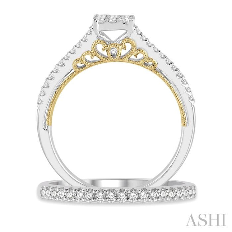 1/2 ctw Lovebright Diamond Wedding Set With 1/3 ctw Cushion Shape Engagement Ring in 14K White and Yellow Gold and 1/6 ctw Wedding Band in 14K Wh