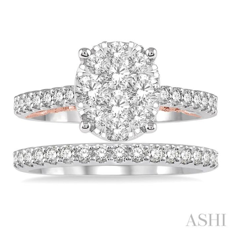 1 1/3 Ctw Lovebright Diamond Wedding Set With 1 Ctw Oval Shape Engagement Ring in 14K White and Rose Gold and 1/3 Ctw Wedding Band in 14K White