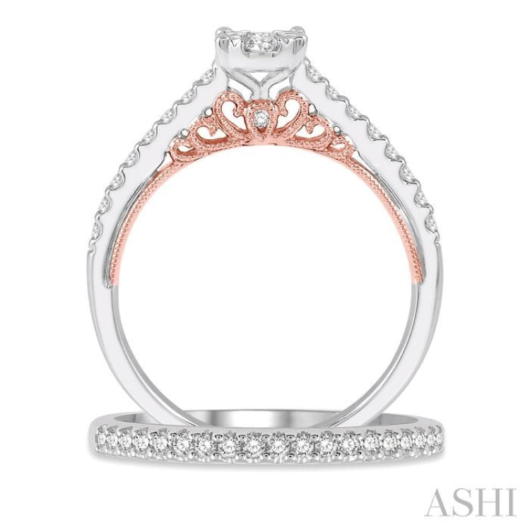 5/8 ctw Lovebright Diamond Wedding Set With 1/2 ctw Oval Shape Engagement Ring in 14K White and Rose Gold and 1/6 ctw Wedding Band in 14K White