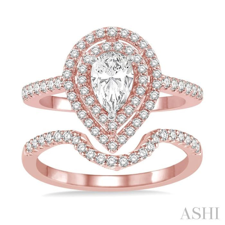 5/8 Ctw Diamond Wedding Set in 14K With 1/2 Ctw Pear Shape Engagement Ring in Rose and White Gold and 1/8 Ctw U-Cut Center Wedding Band in Rose Gold