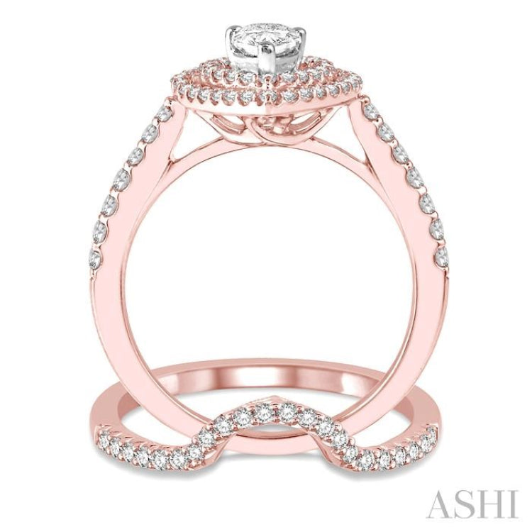 5/8 Ctw Diamond Wedding Set in 14K With 1/2 Ctw Pear Shape Engagement Ring in Rose and White Gold and 1/8 Ctw U-Cut Center Wedding Band in Rose Gold