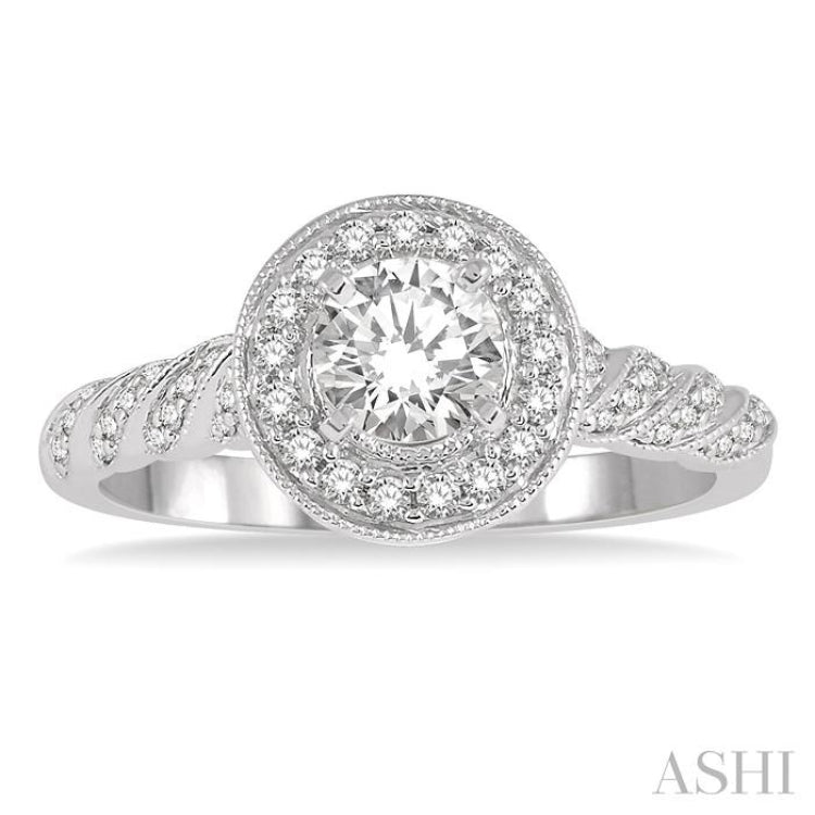 1/2 Ctw Round Shape Twisted Shank Diamond Engagement Ring with 1/3 Ct Round Cut Center Stone in 14K White Gold