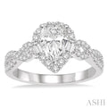 1/2 ctw Twisted Shank Pear Shape Semi-Mount Round Cut & Baguette Diamond Engagement Ring in 14K White Gold