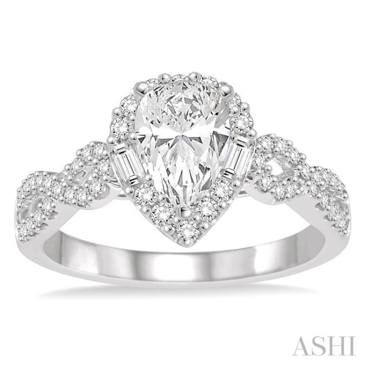 1/2 ctw Twisted Shank Pear Shape Semi-Mount Round Cut & Baguette Diamond Engagement Ring in 14K White Gold