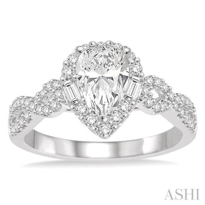 1/2 ctw Twisted Shank Pear Shape Semi-Mount Round Cut & Baguette Diamond Engagement Ring in 14K White Gold