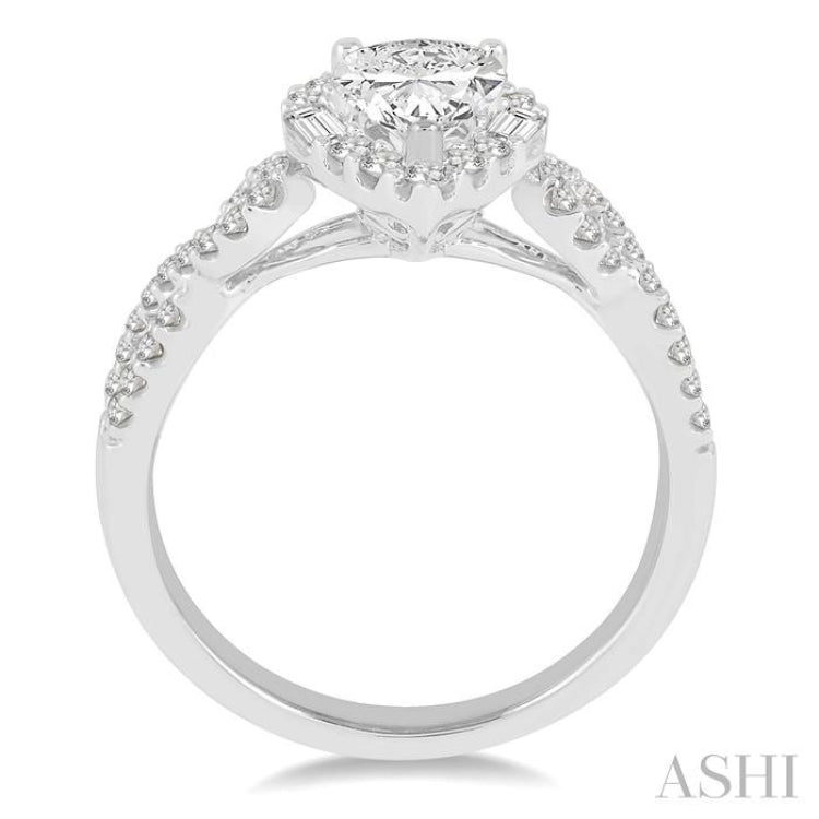 1/2 ctw Twisted Shank Pear Shape Semi-Mount Round Cut & Baguette Diamond Engagement Ring in 14K White Gold