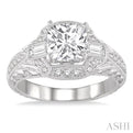 1/2 ctw Cushion Shape Baguette & Round Cut Diamond Semi-Mount Engagement Ring in 14K White Gold