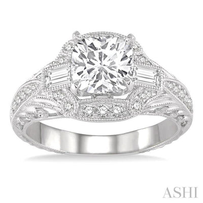 1/2 ctw Cushion Shape Baguette & Round Cut Diamond Semi-Mount Engagement Ring in 14K White Gold