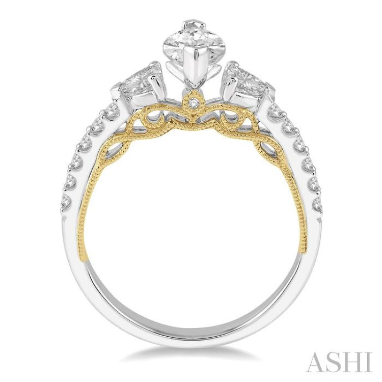 1/2 ctw Marquise Shape Tri Mount Triangular and Round Cut Diamond Semi-Mount Engagement Ring in 14K White and Yellow Gold