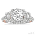 5/8 ctw Cushion Shape Semi-Mount Baguette and Round Cut Diamond Engagement Ring in 14K White and Rose Gold