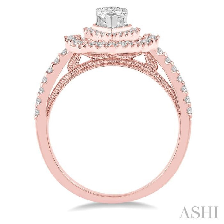 3/4 ctw Pear Shape Center Semi-Mount Round Cut Diamond Engagement Ring in 14K Rose and White Gold