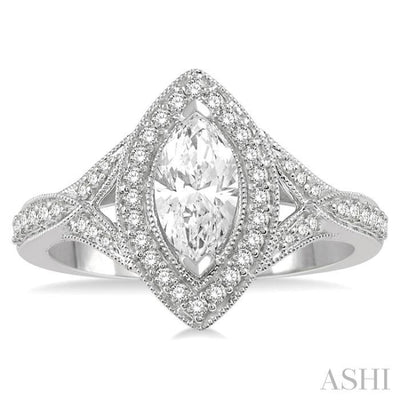 3/4 ctw Marquise and Round Cut Diamond Ladies Engagement Ring with 3/8 Ct Marquise Cut Center Stone in 14K White Gold