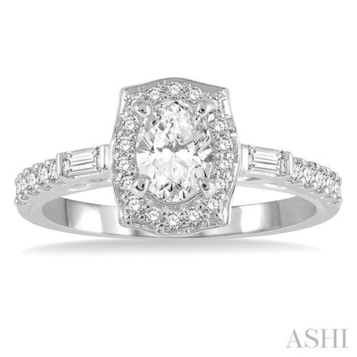 3/4 ctw Oval, Baguette and Round Cut Diamond Ladies Engagement Ring with 3/8 Ct Oval Cut Center Stone in 14K White Gold