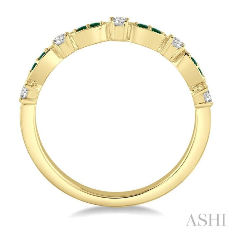 1/6 Ctw Round Cut Diamond and 1.35mm Emerald Precious Stone Wedding Band in 14K Yellow Gold