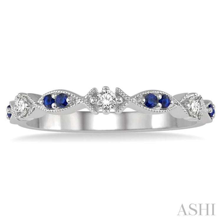 1.35 MM Round Cut Sapphire and 1/10 Ctw Round Cut Diamond Half Eternity Wedding Band in 14K White Gold