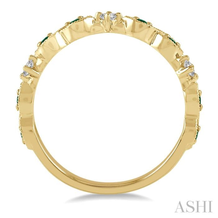 1.35 MM Round Cut Green Emerald and 1/10 Ctw Round Cut Diamond Half Eternity Wedding Band in 14K Yellow Gold