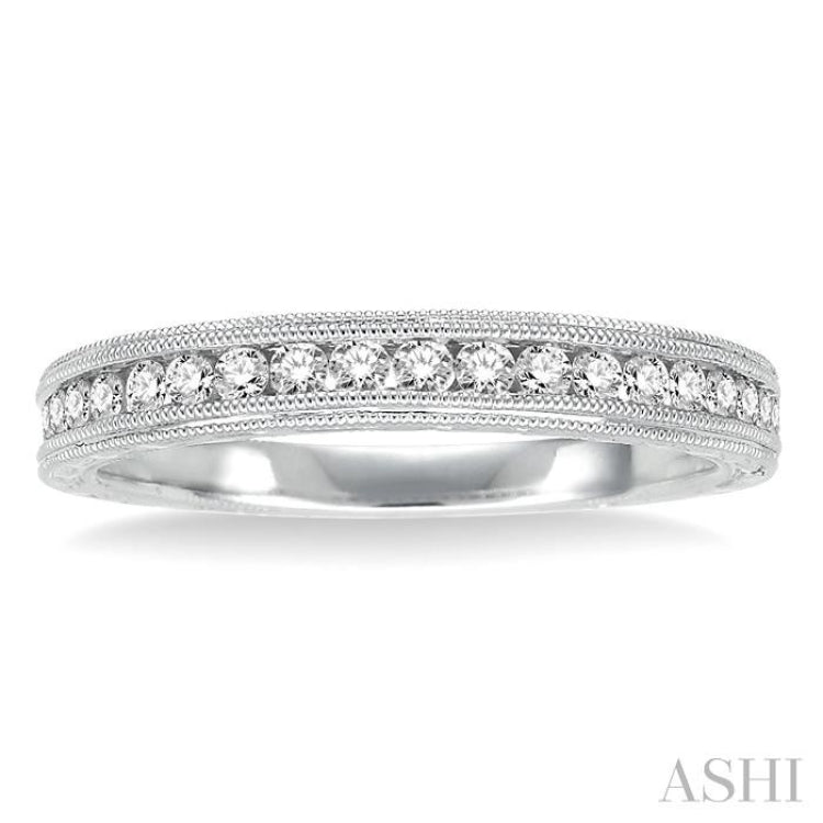 1/3 ctw Milgrain and Round Cut Diamond Wedding Band in 14K White Gold