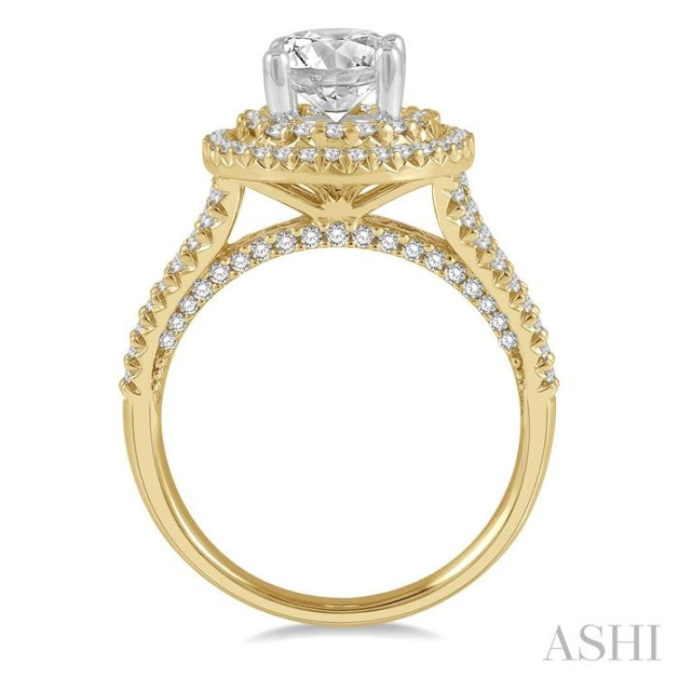 3/4 ctw Twin Halo 6.5MM Round Cut Diamond Semi-Mount Engagement Ring in 14K Yellow and White Gold