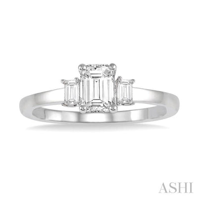 3/8 ctw Octagonal and Baguette Diamond Ladies Engagement Ring with 1/3 Ct Emerald cut Center Stone in 14K White Gold