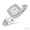 5/8 Ctw Halo Round Cut Diamond Ladies Engagement Ring With 1/2 ct Princess Cut Center Stone in 14K White Gold