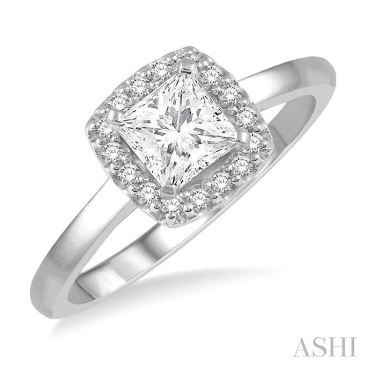 5/8 Ctw Halo Round Cut Diamond Ladies Engagement Ring With 1/2 ct Princess Cut Center Stone in 14K White Gold