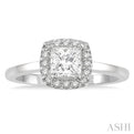 5/8 Ctw Halo Round Cut Diamond Ladies Engagement Ring With 1/2 ct Princess Cut Center Stone in 14K White Gold