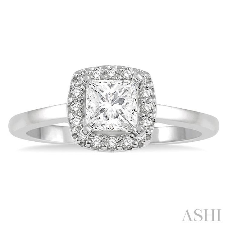 5/8 Ctw Halo Round Cut Diamond Ladies Engagement Ring With 1/2 ct Princess Cut Center Stone in 14K White Gold