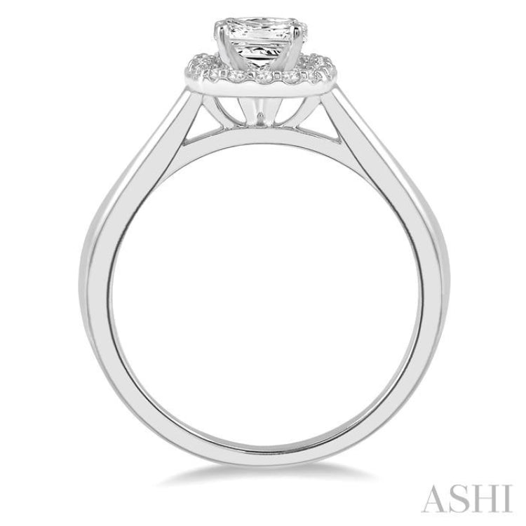 5/8 Ctw Halo Round Cut Diamond Ladies Engagement Ring With 1/2 ct Princess Cut Center Stone in 14K White Gold