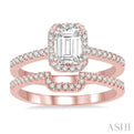 7/8 ctw Round Cut Diamond Wedding Set With 3/4 ctw Emerald Cut Engagement Ring and 1/6 ctw Trough Shape Wedding Band in 14K Rose Gold