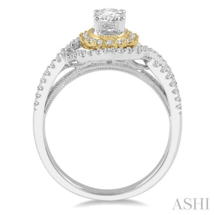 1 1/10 ctw Split Shank Oval Round Cut Diamond Engagement Ring with 5/8 Ct Oval Shape Center Stone in 14K White and Yellow Gold