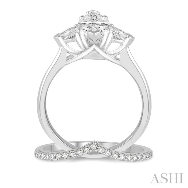 1/2 ctw Diamond Wedding Set With 3/8 ctw Marquise & Triangular Cut Engagement Ring and 1/10 ctw Wedding Band in 14K White Gold