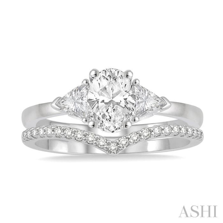 1/2 ctw Diamond Wedding Set With 3/8 ctw Oval & Triangular Cut Engagement Ring and 1/10 ctw Wedding Band in 14K White Gold