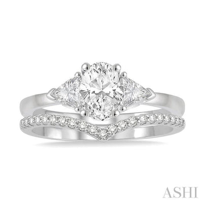 1/2 ctw Diamond Wedding Set With 3/8 ctw Oval & Triangular Cut Engagement Ring and 1/10 ctw Wedding Band in 14K White Gold