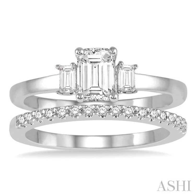 1/2 ctw Diamond Wedding Set With 3/8 ctw Octagonal & Baguette Engagement Ring and 1/10 ctw Round Cut Diamond Wedding Band in 14K White Gold