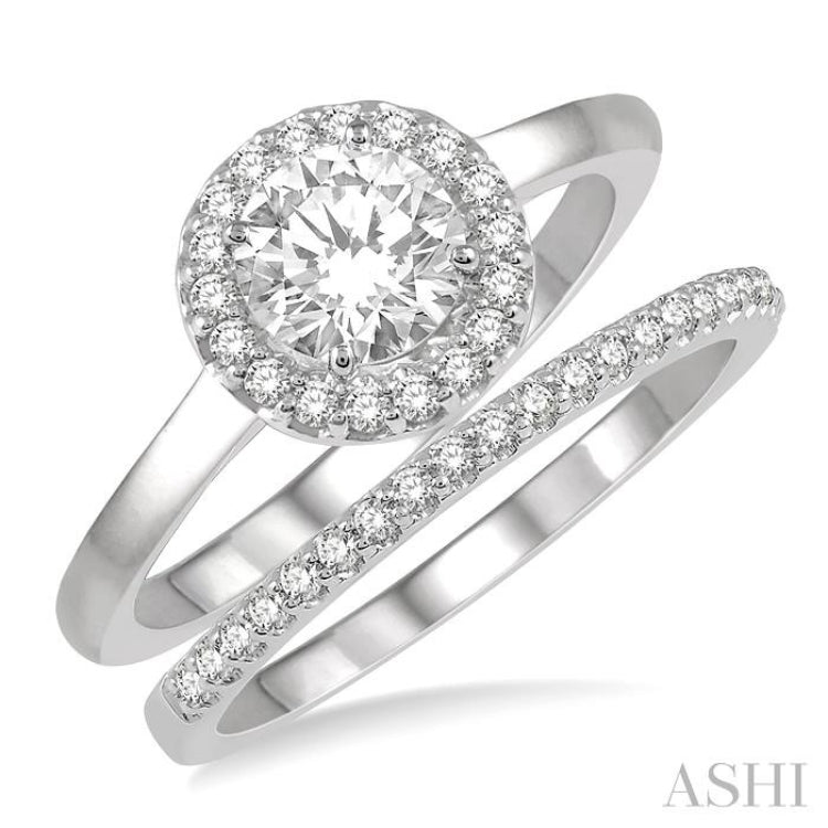 3/4 Ctw Round Cut Diamond Wedding Set With 5/8 ct Engagement Ring and 1/6 ct Wedding Band in 14K White Gold