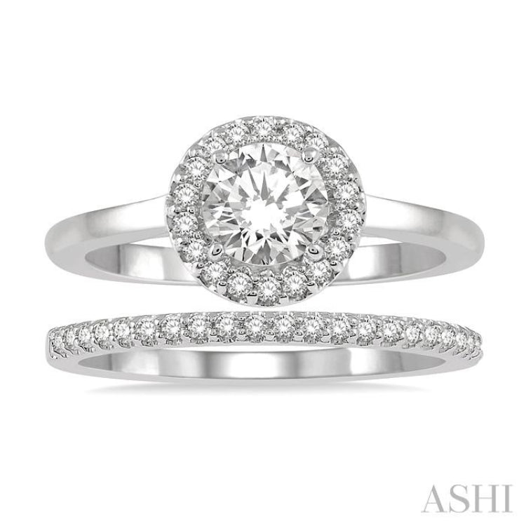 3/8 Ctw Diamond Wedding Set With 1/3 ct Halo 1/4 ct Round Cut Center Stone Engagement Ring and 1/10 ct Wedding Band in 14K White Gold