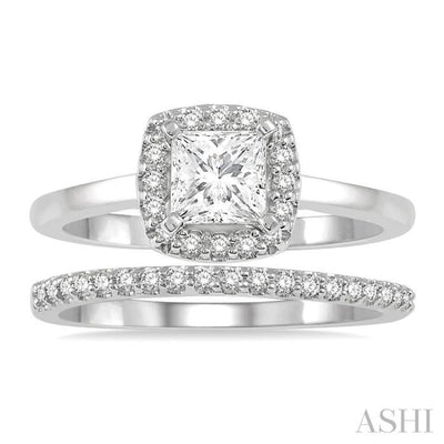 3/4 Ctw Diamond Wedding Set With 5/8 ct Halo Round Cut & 1/2 ct Princess Cut Center Stone Engagement Ring and 1/6 ct Wedding Band in 14K White Gold