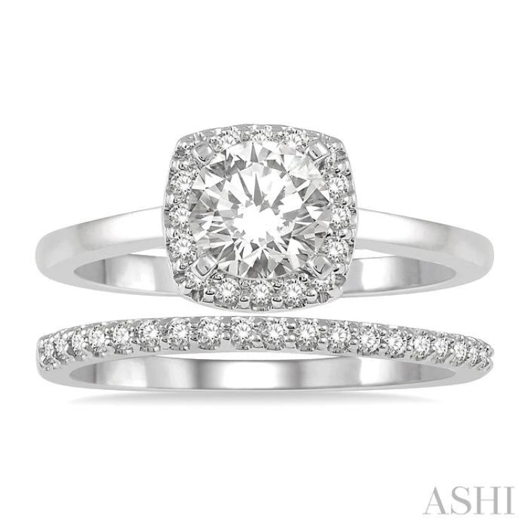 3/4 Ctw Round Cut Diamond Wedding Set With 5/8 ct Cushion Mount Engagement Ring and 1/6 ct Wedding Band in 14K White Gold