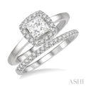 3/8 Ctw Diamond Wedding Set With 1/3 ct Halo Round Cut & 1/4 ct Princess Cut Engagement Ring and 1/10 ct Wedding Band in 14K White Gold