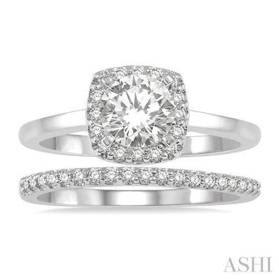 3/8 Ctw Diamond Wedding Set With 1/3 ct Halo 1/4 ct Round Cut Center Stone Engagement Ring & 1/10 ct Wedding Band in 14K White Gold