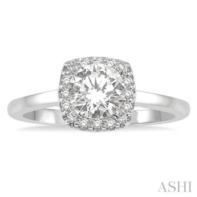 1/10 Ctw Cushion Shape Halo Round Cut Diamond Semi Mount Engagement Ring in 14K White Gold