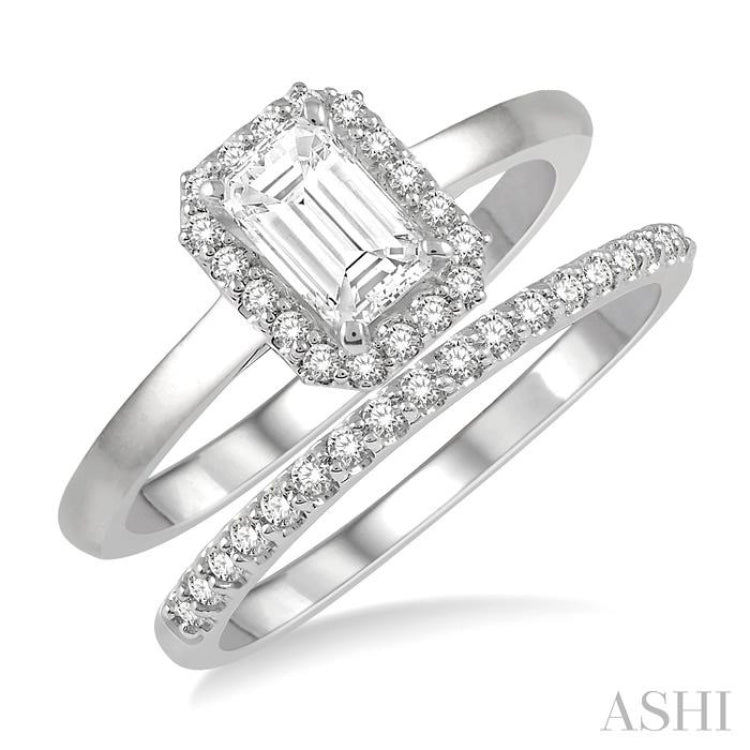 3/4 Ctw Round Cut Diamond Wedding Set With 5/8 ct Octagonal Mount Emerald Cut Engagement Ring and 1/6 ct Wedding Band in 14K White Gold