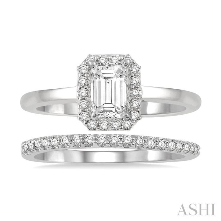 3/4 Ctw Round Cut Diamond Wedding Set With 5/8 ct Octagonal Mount Emerald Cut Engagement Ring and 1/6 ct Wedding Band in 14K White Gold