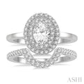 1 Ctw Round Cut Diamond Wedding Set With 3/4 ct Oval Cut Engagement Ring and 1/5 ct Curved Wedding Band in 14K White Gold