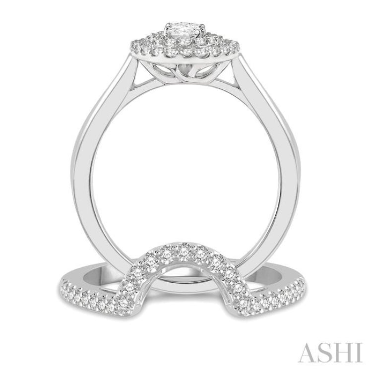 1 Ctw Round Cut Diamond Wedding Set With 3/4 ct Oval Cut Engagement Ring and 1/5 ct Curved Wedding Band in 14K White Gold