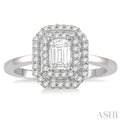 1/2 Ctw Twin Halo Round Cut Diamond Engagement Ring With 1/4 ct Emerald Cut Center Stone in 14K White Gold