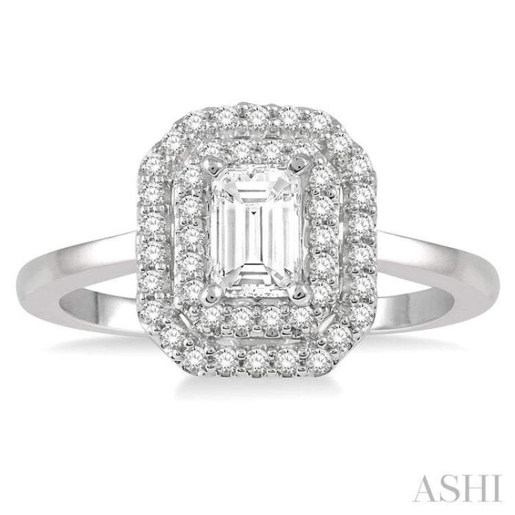 1/2 Ctw Twin Halo Round Cut Diamond Engagement Ring With 1/4 ct Emerald Cut Center Stone in 14K White Gold