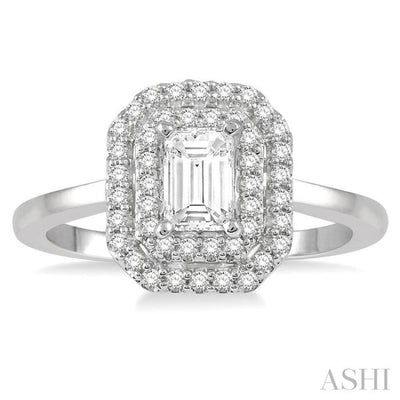 1/2 Ctw Twin Halo Round Cut Diamond Engagement Ring With 1/4 ct Emerald Cut Center Stone in 14K White Gold