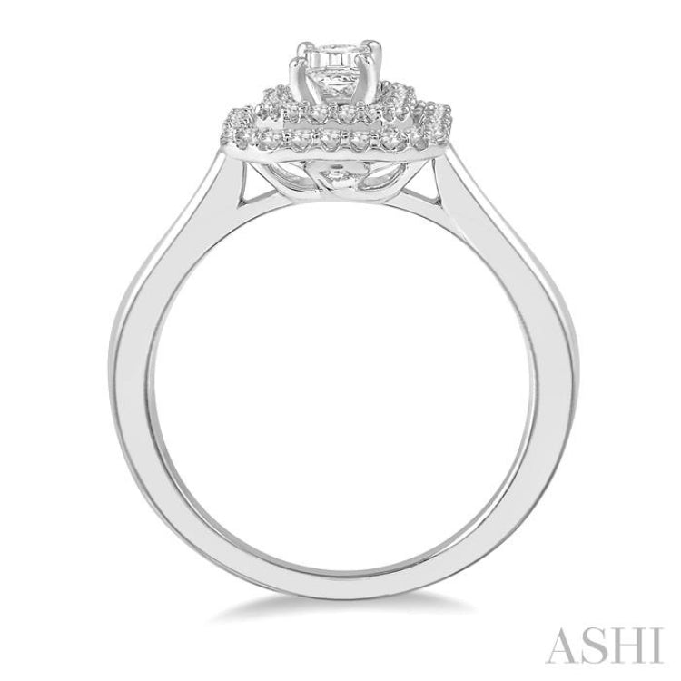 1/2 Ctw Twin Halo Round Cut Diamond Engagement Ring With 1/4 ct Emerald Cut Center Stone in 14K White Gold