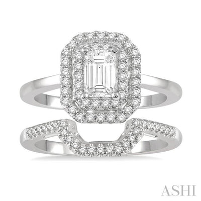 5/8 Ctw Round Cut Diamond Wedding Set With 1/2 ct Twin Halo 1/4 ct Emerald Cut Engagement Ring & 1/8 ct Deep Dish Wedding Band in 14K White Gold